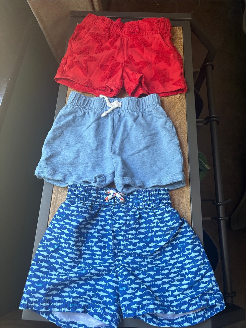 Set of 3 Comfy 18m Shorts - Light Blue, Red, and 1 Navy Shark Print bathing suit